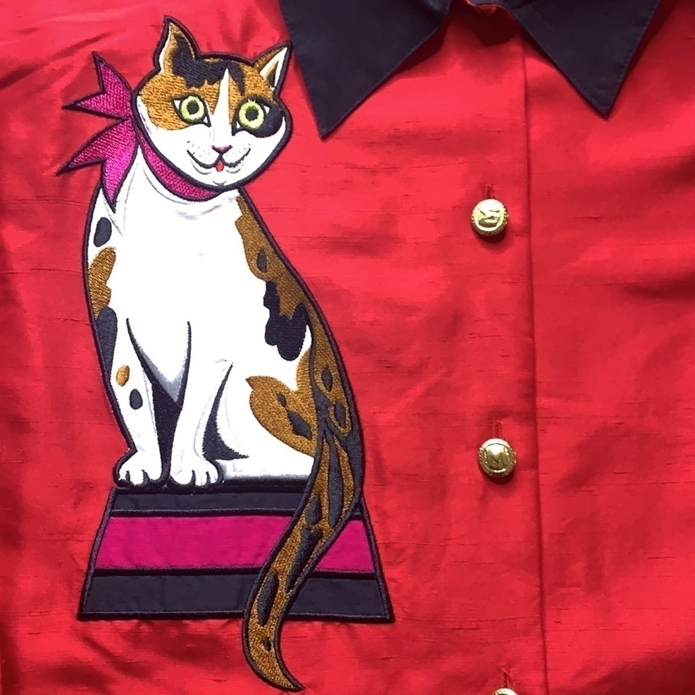 Vintage Bob Mackie silk pattern cat shirt jacket matching tank plus size 2X red - Picture 10 of 10